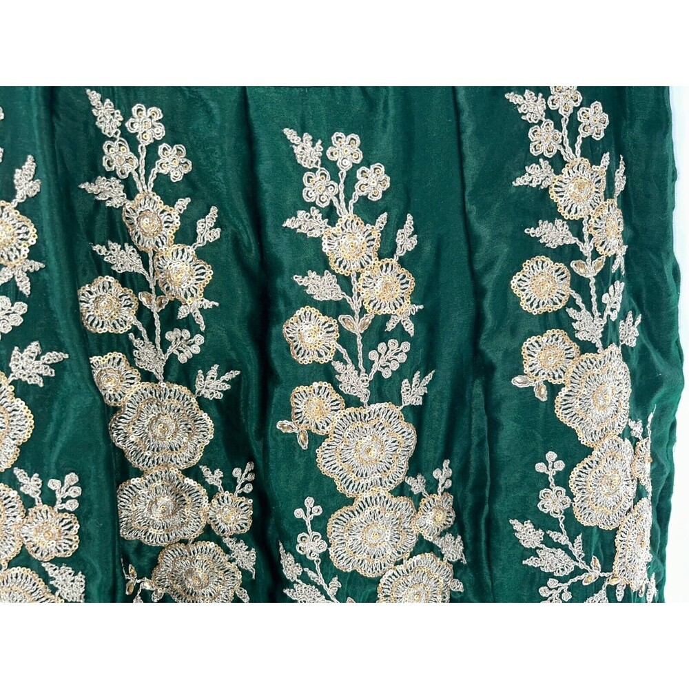 Women's Green Gold Satin Embroidered Indian Skirt With Beaded Drawstring - Picture 4 of 8